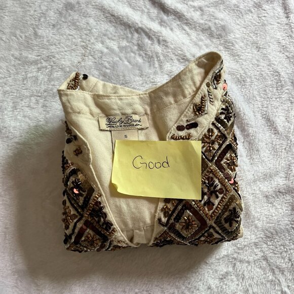 Lucky Brand Womens Beaded Embellished Long Sleeve Top Small Ivory Split Neck - Picture 10 of 10